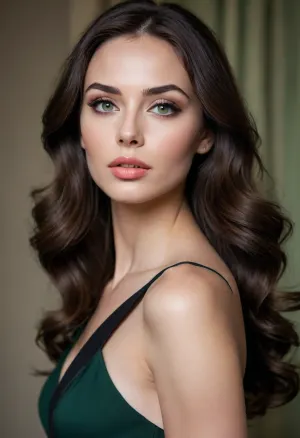 Gorgeous woman, long dark brown wavy hair styled elegantly, warm skin tone, light grayish-green eyes, defined eyeliner, soft peach-toned lipstick, elegant black dress, defined facial structure, sharp features, thin face, defined cheekbones, high cheekbones, impression of beauty and sophistication, defined lips, full lips