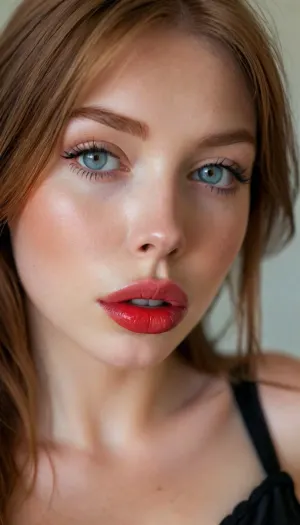 zip realism, half body shot, upper body in frame, (22yo, intimate sensual esthetic, offset composition), (seductive sensual expression, sensual gaze, teasing look, fuck me face, soft teasing smirk:1.2), light blue eyes, (f/2.8, shallow depth of field, subtle bokeh), (loose closeup shot, view from side, focus on lips:1.8), (sleek glossy red hair, straight long hair, hair obscuring face, light full eyebrows:1.4), (slender athletic body), (soft pillowed lips:1.6), (big lips:1.5), (big dick sucking lips:1.5), (plump lips:1.4), (moist lips, vibrant red lipstick:1.4), (natural skin texture, long thick eyelashes:1.2), (udmurt facial features:1.3), (no make up:1.3), (cozy bedroom), (large teardrop breasts, soft breasts, pale nipples:1.4), (big breasts in a corset:1.5), (big tits:1.5), (strong defined jawline, large expressive eyes, catchlights), igbaddie, <lora:igbaddie-XL:.4>, <lora:style_lora_realis:.8>