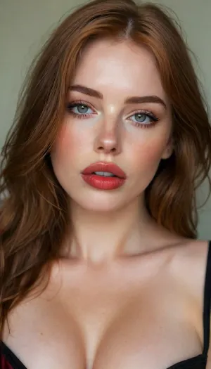 zip realism, half body shot, upper body in frame, (22yo, intimate sensual esthetic, offset composition), (seductive sensual expression, sensual gaze, teasing look, fuck me face, soft teasing smirk:1.2), deep green eyes, (f/2.8, shallow depth of field, subtle bokeh), (loose closeup shot, view from side, focus on lips:1.8), (sleek glossy red hair, straight long hair, hair obscuring face, light full eyebrows:1.4), (slender athletic body), (soft pillowed lips:1.6), (big lips:1.5), (big dick sucking lips:1.5), (plump lips:1.4), (moist lips, vibrant red lipstick:1.4), (natural skin texture, long thick eyelashes:1.2), (udmurt facial features:1.3), (no make up:1.3), (cozy bedroom), (large teardrop breasts, soft breasts, pale nipples:1.4), (big breasts in a corset:1.5), (big tits:1.5), (strong defined jawline, large expressive eyes, catchlights), igbaddie, <lora:igbaddie-XL:.4>, <lora:style_lora_realis:.8>