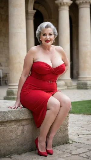 A 1955 full-length photograph showing a 65-year-old plump mature woman with a seductive smile on her face, makeup and bright red lips.She has very wide rounded hips, she is wearing a gorgeous short dress with a large neckline and open shoulders, the slit at the bottom shows her big hips, cellulite sides, a very large bust, saggy torpedo-shaped tits, wide hips, and she is sitting in the courtyard of an ancient castle.