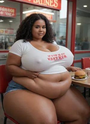 (Black african woman:1.7), ((black race)), ((20 year old extremely chubby fat girl:1.5)), photorealistic picture, fattest girl ever, fat fetish, very huge prominence bulging belly, she is a Fat admirer who loves gaining weight and being fat, insanely huge fat stomach, very oily shining skin, oiled body, (((very beautiful makeup))), ((luscious chubby cutie)), (((very chubby face with double chin:1.5))), ((fat creases, 1.5)), (((very fat chubby neck:1.5))), (((large chubby double chin))), (((very big fat chubby cheeks:1.2))), (((very big fat chubby arms:1.3))), (((very high body fat:1.7))), really fat, (((very morbidly obese:1.5))), young adult, ebony skin, lustful sexy look, very sexy posing, ((wearing a white very tight shirt with a print that says fat slut:1.5)), wearing very tight daisy dukes, (very voluptuous thick body:1.5), (petite breasts), (morbidly obese figure), ((very bloated chubby wide body:1.5)), (very Wide massive hips), (very chubby thick wide thighs), (very Large fat chubby ass), ((very massive chubby bloated belly:1.2)), stretchmarks, ((location is a burger diner:1.3)), ((she sitting at a chair with a table with dozens of greasy Burgers on it in front of her:1.3)), ((she looks very greedy at the burgers:1.3)), ((gluttony:1.4)), accent lighting, bright background, cinematic lighting, (detailed face), (detailed beautiful black curly hair:1.4), 8k, masterpiece, (realism:1.1), (realistic:1.1), (hyper realistic:1.1), (ultra realistic:1.1), melanin, chest, gigantic thighs, wide, thick, plump, belly, female, arms, extra, NEGATIVE_HANDS, <lora:melanin-XL:2>, <lora:SDXL Detail:1>, <lora:Venus_Body_Alpha:1.6>