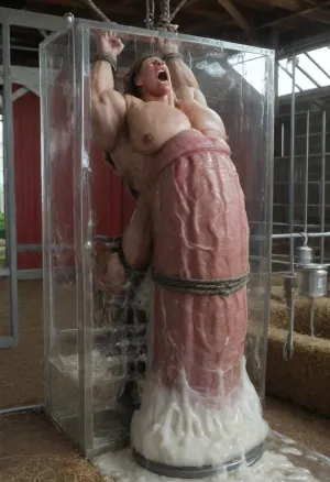 Muscular male farmhand, wavy hair, in a barn, screaming, orgasm face, open mouth, massive erect veiny hyper-cock cock, cum inside a large glass penis pump, inside penis pump, muscular, wrists restrained overhead with rope, massive equine hyper-cock, steel collar, penis pump full of cum