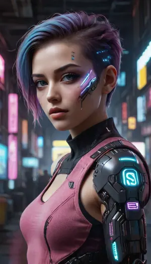 Create an image of a girl with short hair, where the sides are shaved. The hair is colored in bright pink and blue shades. The look is complemented with futuristic makeup using highlighter. The girl has a thin face and build. The background is blurred, neon lights and cyberpunk elements are present in the atmosphere. Incredibly beautiful eyes, a slight smile on her face, fashionable clothes, perhaps a vest, perhaps a T-shirt or a top under the vest, the girl smiles slightly, looks into the distance, the atmosphere of the distant future and cyberpunk neon lighting on the side and back creates an incredibly beautiful background and lighting in the frame, studio photo quality, a well-built frame

The photo is made in 4K quality with rich colors., cyberpunk, style, mad-2cbrrm, mad-1cbrrm, cyberpukai, 2077_Style, <lora:sdxl_cyberpunk:.8>, <lora:CyberPunkAIp:.8>, <lora:Neon_Cyberpunk_Cyberarm_SDXL:.8>, <lora:2077_Style:.8>, <lora:cyber_aesthetic_sdxl:.8>