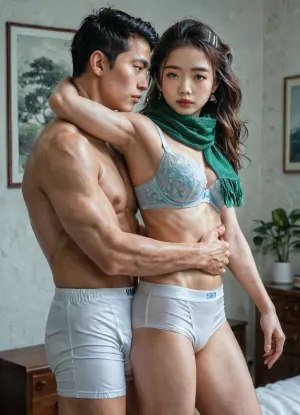 Photorealistic, ultra detailed, 19 year old Chinese woman, thin body, blue eyes, small mouth, medium breasts, woman has long blond hair, hair clipped up, light blue cotton bra, white panties, green scarf, luxury hotel room, muscular chinese man, (man in white boxer:1.3), man hugging woman, yu11ch1kawa, shu7, <lora:sullyoonxl:2>, <lora:Yui_Ichikawa_1024:1>, <lora:Shu7_XL_0_:1>