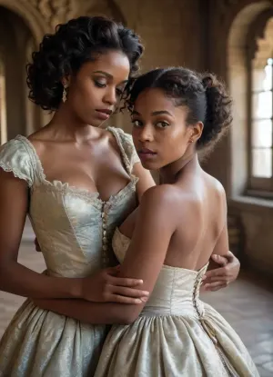 a black woman in the rococo period wearing a dress with her tits exposed, tits out, nipples showing in a castle in front of a young white man with his cock out sucking her nipples