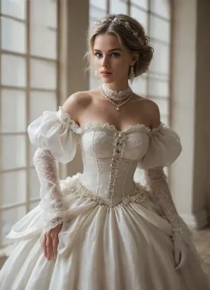 A stunningly beautiful blonde fairytale Princess shining with Royal Pomp and Regal Splendor, wearing a Stately and, (((Elaborate))), Royal Cinderella off-shoulders Ballgown of Silver and White Brocade, with, (((enormous puffed sleeves))), a stiffly boned, padded and corseted bodice, translucent dress an hourglass waist, a, (((huge crinoline hoopskirt))), and, (((bustle))), adorned with ribbons, bows, roses, lace, ruffles, frills, embroidery, and jewels, elaborately curled and styled hair, long white gloves, pearl and diamond necklace and earrings