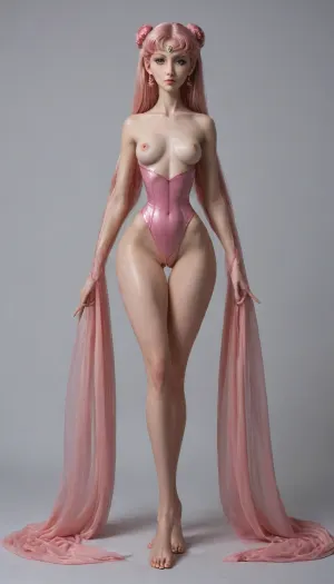 Soft skin, alien girl, shiny skin, detailed beautiful face, long shiny hair, head crest, pink hair with flowers, (tiny waist:1.5), (oversized thick thighs:1.2), bare medium size rounded breasts, c cup breasts, exposed navel, stomach exposed, (oversized wide hips:1.5), space background, naked body, (long thin legs:1.6), ultra long legs, skinny thin legs, full body shot, corset around neck, flowers in hair, very long ears, very long fingers, space between legs, sailor moon, pink hair in pussy, pink dildo hair, high pips leotard