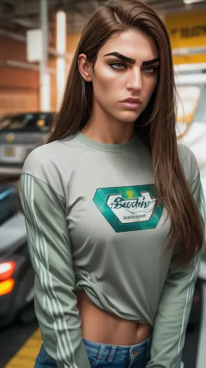 1girl, 4nd4v4_3ric4, A young athletic woman with a strong, determined expression. She has a sharp jawline and a prominent brow furrowed in a serious, almost angry glare. Her eyes are almond-shaped, intense, and sharply defined with long lashes and eyeliner, conveying focus and fierceness. She has a straight nose, lightly flushed cheeks, and full lips pressed into a firm line. Her eyebrows are thick and arched, adding to her intimidating aura. Her medium-length brown hair is sleek and straight, parted slightly off-center, with a silver hair clip holding back a strand on one side, casual clothes, oversized striped long-sleeve t-shirt inked, (flat colors:.8), <lora:andava_erica-10-v1:.8>