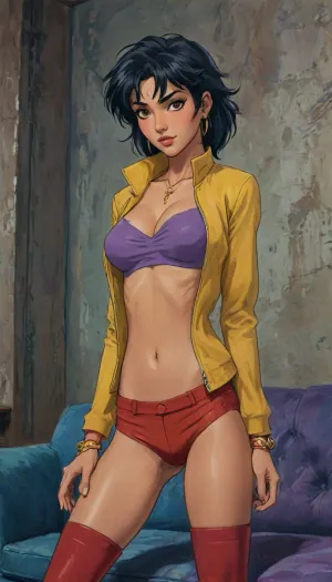 A hand-drawn illustration of an Indian women, Character, Faye Valentine, (Cowboy Bebop), reimagined as an Indian woman.

Outfit, Anime-accurate Faye’s iconic outfit — yellow crop top and short shorts with purple jacket, revealing slim waist and subtle navel, cleavage slightly visible, thigh-high stockings, and red boots.

Hairstyle, Short, layered bob with side-swept bangs, styled exactly like Faye’s anime look, kept black.

Pose, Leaning slightly back on a futuristic sofa, one leg bent and resting on the seat, hand lightly adjusting her jacket — playful, confident, and flirty.

Expression, Mischievous smirk with confident, captivating eyes.

Camera Angle, Medium-full body capture at a slight low angle to emphasize curves and sexy pose.

Body Features, Voluptuous, ultra-realistic — large breasts, narrow waist, toned legs, natural skin textures and highlights.

Accessories, Gold hoop earrings, subtle makeup, navel piercing visible, small wristband.

Background, Minimalistic futuristic lounge interior with bright lighting, soft shadows, focus on her figure., <lora:J_cartoon:1.2>, <lora:detailed_notrigger:1>, <lora:Sattar_Bahlulzade:2>