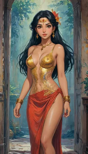 A hand-drawn illustration of an Indian women, Character, Voluptuous Indian woman, glowing golden-brown skin, breathtakingly beautiful face.

Cosplay / Outfit, Sexy Boa Hancock – One Piece — long red qipao-style dress with golden dragon patterns, high slit revealing T-shaped navel, deep V-neck showing cleavage, fitted waist, flowing train at the back, red high heels.

Hairstyle, Long black hair styled exactly like Boa Hancock in the anime — straight, center-parted with the characteristic length reaching the waist.

Pose, Standing with one leg forward, torso slightly twisted, one hand on hip, the other lightly brushing hair back flirtatiously, head slightly tilted.

Expression, Playful flirty smile, eyes sparkling, lips slightly parted teasingly.

Camera Angle, Eye-level three-quarter view, full-body shot capturing cleavage, waist, and legs clearly.

Body Features, Large breasts pressing against dress, subtle cleavage, toned waist with visible navel, shapely legs, perfect anthropometry.

Accessories, Navel piercing, gold hoop earrings, subtle bold makeup with glossy lips, gold bracelets on wrists, (anime-accurate), .

Background, Bright minimalistic palace interior with soft pastel tones and faint abstract patterns, keeping focus on her., <lora:J_cartoon:1>, <lora:detailed_notrigger:1>, <lora:Sattar_Bahlulzade:1>