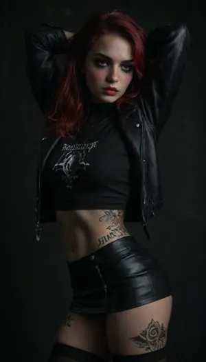 <lora:dark:.5>, <lora:style_lora_realis:.7>, <lora:bird's-eye view:.1>, .9, <lora:Cinematic style:.1>, .8, Close-up, first-person view. high detail, side view, (20-year-old pretty thin girl in a leather skirt, ((straightens her back)), hands behind her head, ((blushes heavily)), bites her lip, (leather jacket:1.4), athletic stomach, black leather skirt, Black bortsovka, black stockings, (tattooed body:1.8), (gothic makeup:1.4), (athletic thighs:1.5), hungry red eyes, (red hair:1.6), morning light)