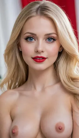 Barbie style, Naked girl, Girl long shot on full body and legs, High Key Lighting, photography, bright colors, best quality, show clear focus, Looks to the viewer, yong face, long hair, very long blonde hair, ((long hair:1.3)), blonde hair, blue eyes, smile, cute, skinny, flat breast, very small tits, red lips, make up, red lipstick, black eye liner, red manicure, black Eye shadow, mascara., nipples, <lora:JJsNightMarket_XL:.5>