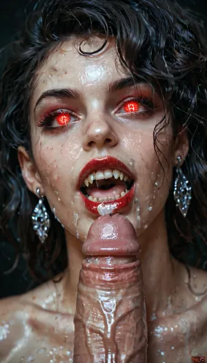 Female vampire with her teeth on the head of a penis