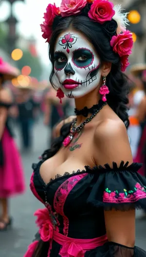 Long shot, full body image, dia de los muertos, Mexican beauty with skull face paints sticking out her very long pink tongue, huge parade in Mexico City, Day of the Dead, traditional Mexican dress in black, cleavage, off shoulder dress, but, large, breasts, big, boobs, huge, tits, <lora:BUT_SDXL_SHS:.8>, <lora:MJ52:.8>, <lora:bombshell_v2:.4>