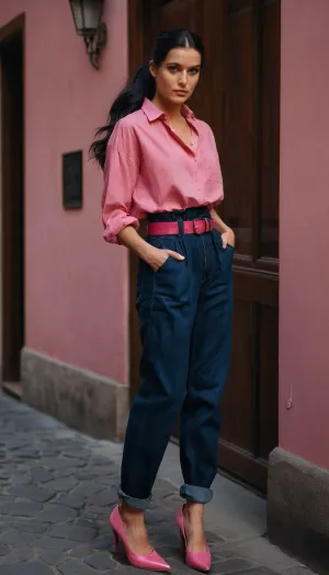 dark blue baggy paperbag slouchy jeans, very long hair, pink belt, prague, slouchy style, ponytail, black hair, pink blouse, pink shoes