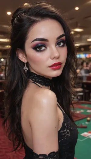(flat boy chests), looking at viewer, ((20 years, cute flirtatious mischievous face)), lusty, tomboy face, attractive girl, chocker, gorgeous face, (makeup:1.9), (black straight long hair:1.2), hair bun with bangs, black lace stockings, standing on casino, flirty, touching herself, cute little ass, black tight mini dress, front view, close-up