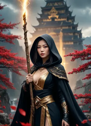 An ancient Japanese witch, (pretty face:1.5), (realistic face:1.5), (hood and cloak), exposed breasts, exposed pussy, fit body, epic fantasy, cinematic shot, dynamic lighting, (holds a black and gold staff topped with a lightening gem by one hand:1.2), towering castles and jagged mountains under a dramatic sky filled with swirling clouds, red petals and sparks float through the air, <lora:Midjourney Image Enhancer XL v1:.8>