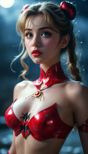 sailor moon, spider-woman, beautiful woman, plump lips, medium breasts, nipples, 5-foot-9-inches, tall, moonlight, lightning, <lora:MJ52:.8>