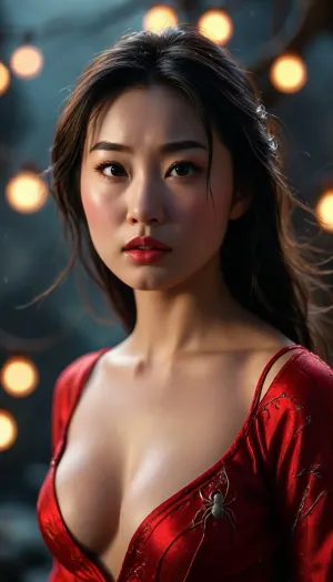 mulan, spider-woman, beautiful woman, plump lips, medium breasts, nipples, 5-foot-9-inches, tall, moonlight, lightning, <lora:MJ52:.8>