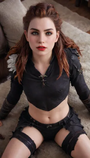 A vampire, (Horizon Zero Dawn), (Sexy), ., (Dynamic angle:1.5), (View from above:1.5), petite student, stroking himself, Black long Stockings, Only black clothes, (Skinny), Pale skin, ripped revealing clothes, goth, Small tits, full body view, Tinymodel, young, schoolgirl, pretty young, Young girls, 18 years old, perfect face, bright green eyes, cute, closeup, petite body, red lipstick, full body photo, beautiful face, anna, LYING, Aloy, <lora:xl_more_art-full_v1:.4>, <lora:Anna:.4>, <lora:AloySDXL:.5>