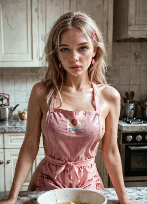 Photorealistic, ultra detailed, 19 year old russian woman, thin body, sweaty body, blue eyes, small mouth, medium breasts, long blond hair, hair clip, wearing pink apron, luxury kitchen, posing in front of mirror, <lora:RMSDXL_Enhance:.8>, 4ng3l, face, <lora:SDXL_BetterFaces-LoRA_v1:.8>, <lora:detailer-xl:.8>
