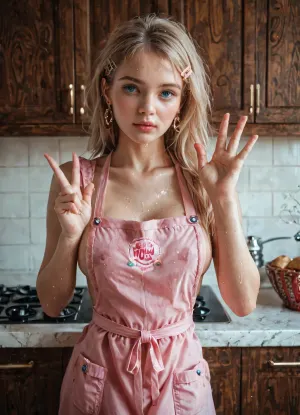 Photorealistic, ultra detailed, 19 year old russian woman, thin body, sweaty body, blue eyes, small mouth, medium breasts, long blond hair, hair clip, wearing pink apron, luxury kitchen, posing with love hand sign, <lora:RMSDXL_Enhance:.8>, 4ng3l, face, <lora:SDXL_BetterFaces-LoRA_v1:.8>, <lora:detailer-xl:.8>