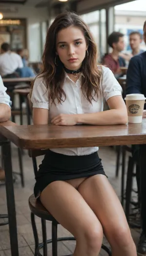 Photorealistic, street cafe, feminie gay, long hair, slave collar, mini skirt, no panties, (penis), legs slightly spread, sitting at a table, thoughtful with cell phone, in the background men drinking coffee, angle under the table between her legs