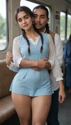 Young Girl, (Indian bengali girl, 22 years old, 2 braids, thick thighs, extremly short schooldress, covered in cum, woman, on, face), standing in a bus, hugging each other, cum, on, face, south, <lora:JustCum:.9>, <lora:1476432_training_data:1.4>