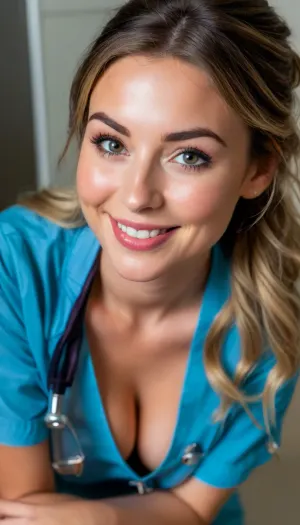ziprealism, (naughty nurse, wearing blue medical scrubs, leaning forward, examination room:1.3), (sensual suggestive smirk, adorable dimples, playful expression, mischievous beauty, raised eyebrows:1.8), (huge soft breasts, pale breasts, deep cleavage, downblouse, long hair updo:1.2), (intimate candid photography), (warm golden hour lighting, light bloom, shallow depth of field, soft bokeh, layered composition with subtle foreground, vintage analog lens:1.2), (goosebumps, vellus hairs, subsurface scattering, freckles, sharp limbal rings:.4), (natural skin texture, maximum quality skin texture, RAW photography, uncompressed), <lora:style_lora_realis:.8>