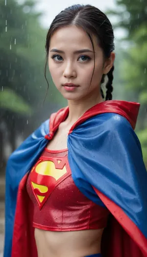 FULL VIEW OF A BLUE EYE, CUTE YOUNG, PETITE THAI/Korean/MATURE CHINESE GIRL WEARING A BLUE SUPERMAN COSTUME AND RED CAPE. SOAKING SOAK IN THE RAIN OUTSIDE WALKING. 4k, 8K 4k RAIN, 4k WATER BEADS, 4k HIGH RESOLUTION, CRYSTAL CLEAR PICTURE, PROUDLY WEARING THE 'S' ON HER SUPERMAN COSTUME. 3d style. BRAIDED PONYTAIL.