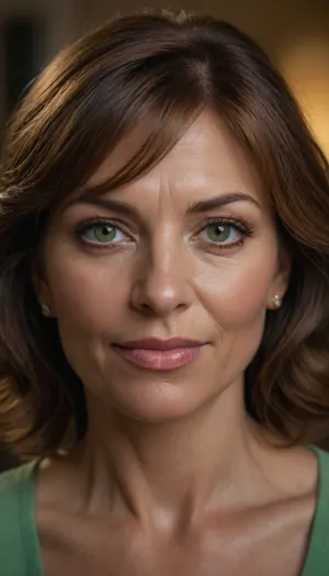 PHOTOREALISTIC, highly detailed portrait of Lubica Stepaunt, a 58-year-old mature woman with an exotic Eastern European and Mediterranean appearance with tan olive skin tone. Natural and not wearing any makeup. Her natural Mediterranean complexion is smooth and radiant, with features of a mature milf. Her, (captivating glowing mix of green and amber eyes:1.3), are expressive and captivating, framed by subtle lines, wrinkles, at the corners. Her full, naturally colored lips are open in a sexy, lustful smile. Her warm, natural complexion shows age-appropriate wrinkles and skin imperfections. Her brown hair, with natural streaks of auburn and hints of silver at the temples, is styled in soft waves with fringe bangs. Her skin displays stretch marks, adding to her realistic mature beauty. Her posture is confident and relaxed, exuding inherent sensuality. The image should capture rich detail, emotional intimacy, and visual realism, showcasing her mature beauty and seductive body language. Shot on Canon EOS R5, 85mm f/1.2, studio lighting., ((high quality, 4k, realistic, high detailed, insanely detailed, real, best quality, ultra-detailed, fine detail, professional photography, taken with Canon EOS 5D Mark IV DSLR, aperture f/8, shutter speed 1/250 sec, ISO 100, highres, 8k wallpaper, cinematic lighting, masterpiece, heavily upvoted)), ((masterpiece)), high detail, complex details, OverallDetail, perfect lighting, professional realistic photo, downblouse, nipslip
