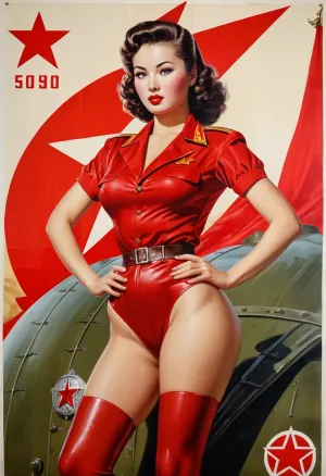 Pov photo, Instagram model face, Asian, ((Korean)), bimbo, (((((North Korean Communist))))), ((Juche)), patriotism, wet sweaty body, big text on poster, sweaty body, (((rubber tight soviet military uniform 50's))), (((old soviet military poster, pin up 1940's))), (((Pin up. Movie poster 1950's))), ((german army rubber uniform)), stockings, fat red lips, Photography, photorealism, a beautiful army woman, tall, beautiful perfect figure, long hair, Knee-high boots, perfect tall legs, charming eyes, sad yet gracious face, dark background, fantasy art capturing the style of Aaron Horkey, Jeremy Mann and Luis Royo, body-focused composition from a low angle, alluring figure, dark fantasy, dynamic composition, black white photo 1950's, red lipstick, warm hues, showcases acrylic calligraphy, watercolor techniques integrated seamlessly into a maximalist masterpiece, detailed with gouache fluidity, golden hour light, hyperrealism, hypperrealistic, hyperdetailed, 64k, ultraHDR, Movie, Poster, page, <lora:Movie Poster:.5>, <lora:Pussy_pants_nohands_D03_realvizXL2_bucket_01-000010:.5>