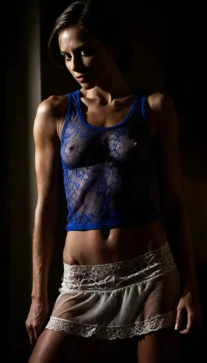 (filmic), (((skindentation:1.5))), (1girl:1.8), ((60 years old milf:1.4)), (photo realistic), ((perfect finger)), (well-lit scene), (perfect hands), ((dramatic lighting)), cute, (DSLR photo), realistc slim face, freckless, (pink eyeshadow), make-up, ((slutty)), (parted lips), eyelashes, smile, (slim:1), ((athletic)), (naughty), 3/4-body front view, (Sci-Fi Baroque Rococo Couture Pulp:1.4), absurdres, rating_explicit, semi-realism, (perfect anatomical accuracy:2), Photography of a woman standing, She has short straight light brown hair, (She has a small physique, Wearing a royal blue see through tank top and a white sheer lace ultra short mini skirt:1.7), (Choker:1), No panties, The lighting is natural, (in a luxury hotel rooftop lounge head-to-toe view:1.8), high detail, 4k, atmospheric grain locking every reflective detail, 8k, realistic, realism, film grain, depth of field, dimmed light, (high contrast:.5), photorealistic eyes, perfect skin texture, ((close-up shot)), (front body view:1.4), (Erotic photography by Hegre in the style of Met-art:1.8), Analog film photography, (vfx compositing:1.5), (award winning Visual effects photo:1.5), KodakColor 100 film, shot on 50mm lens at f/2.0 aperture, (glow softly in neon blue and red:1.4), ethereal fantasy photography, (sharp focus, masterpiece, perfect eyes), (young adult:1.1), perfect limbs, anatomically accurate, Super realistic, (best shadow), (best lighting), ultra-detailed images, (long ginger hair), ((shiny skin:1.4)), ((Curvy)), ((huge hip, thicc thighs)), ((small_breasts)), flat, chested, big waist, (Shapely body), (her face and expression showing a mix of submission and ecstasy and exhaustion), big round athletic ass, ((half open eyes)), (lustful face), luscious sensual lips, (masterpiece), (ultra-detailed), low-key lighting, high contrast shadows, chiaroscuro, cinematic effect, piercing, ultra details, grim, (Minimalistic dark chiaroscuro lighting and creates a dramatic effect:1.5), ​Moody, magical, vintage photography, light, and, shadow, by, drkms, <lora:LCMTurboMix_Euler_A_fix:2>, <lora:sunriseSDXL-000009:2>, <lora:PAseer-SDXL-AcceleratorLighting:2>, <lora:DarkGrimFantasyXL-000004:2>, <lora:dark:2>