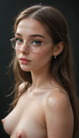 young beautiful Jewish girl 19 yo, freckles on face, big space eyes, long tall hair, big long eyelashes, moles freckles spots all over body, (puffy nipples), pretty face, simple makeup, big thin round glasses, big round eyes, top view, side view, ((shiny shiny boobs))