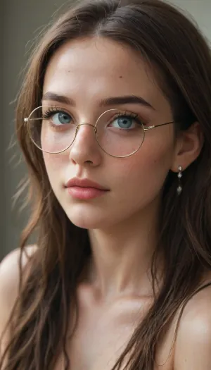 young beautiful Jewish girl 18 yo, freckles on face, big space eyes, long tall hair, big long eyelashes, moles freckles spots all over body, puffy nipples, pretty face, simple makeup, big thin round glasses, big round eyes, top view, side view, shiny shiny boobs