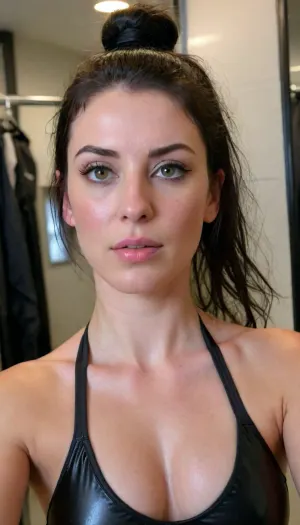 Amateur, raw, analog, fresh face, Sexy curvy 40yo milf, wearing a one-piece swimsuit, school swimsuit, competition swimsuit, Sport swimsuit, Standing Close to viewer, (inside tight changing room:1.2), pov, (view from above:1.5), very realistic, Hair bun, one high middle ponytail, ponytail, wet skin, wet clothes, wet Hair, (black thick full Hair:1.6), pale skin, real skin, shiny swimsuit, good hands, good face, detailed, cold light from above, wet after swimming, (inside a realistic changing room:1.2), braless, Wearing, clothes, that, make, sense, with, Braless>, green, eyes, blue, brown, perfecteyes, <lora:bralessSDXL_v1_00022:.8>, <lora:PerfectEyesXL:1.6>