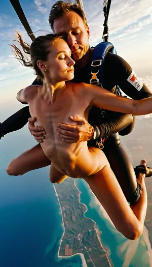 A naked man hugs a young naked beautiful woman from behind and grabs her vagina during a tandem skydive. Full body view