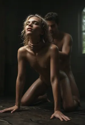 Betty is a 38 year old, slender, beautiful woman, (flat chested:1.4), (very big long puffy erect nipples:1.6), ((messy sweaty blonde hair)), (maximum detailed skin:1.5), (slim hips:1.2), (firm small ass:1.2), naked, sweaty wet, (((wet sweaty skin))), (((oiled skin))), full body view of Betty, (((Betty is in sexual ecstasy:1.7))), (various perspectives), front view, (in the forest:1.5), (bending over:1.7), (ecstasy fucking), ((messy blonde hair)), (((Betty enjoy)), (dripping pussy:1.7), from below, (((moaning loud))), (doggystyle:1.7), ((choking:1.5)), ((innocent young man's hands chokes Betty's neck:1.9)), (ultra, HD, quality, details), (ultrarealistic:1.5), (maximum quality:1.5), (high definition:1.5), (extreme detail:1.5), (ultrarealism:1.5)), various perspectives, (ultra, HD, quality, details), (ultrarealistic:1.5), (maximum quality:1.5), (high definition:1.5), (extreme detail:1.5), (ultrarealism:1.5), art style, <lora:MJ52:.5>, <lora:888698_training_data:.8>, <lora:dark:.5>, <lora:Sweaty_Realism_4-000006:1.9>