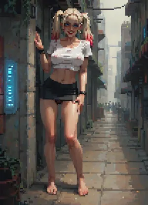 1 woman, harley quinn, teasing, nip slip, crop top, nipples, short skirt, lace panties, fishnet thigh highs, fishnet gloves, lipstick, dark alley, night, neon lights, bent over, front view, her hand on ass, medium natural breasts, tan lines, skinny body, tall, thin waist, wide hips, thigh gap, barefoot, hairy pussy, freckles, detailed skin texture, crazy smile, crowded city street, masterpiece, (incase style), 8bit, 16bit, vga, minecraft, pixelart, incase, style, pixel, art, <lora:ratatatat74-000050:1.3>, <lora:outline_xl_kohaku_delta_spv5x:1.8>, <lora:NEOTOKIOXL_0.2_RC:.4>, <lora:287175_training_data:.6>, <lora:pixel_stormXL:.3>, full body view, arousing poses