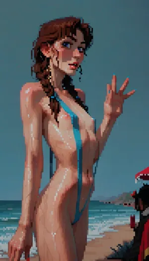 russian mature women, girl next door, detailed eyes, thin eyebrows, perfect makeup, soft facial features, narrow face, long natural brown hair, (6ft tall girl), ((fit skinny body)), hourglass figure, anorexic, (narrow waist), (flat stomach), pale sweaty skin, realistic body proportions, perfect anatomy, good hands with perfect fingers, long skinny legs, thigh gap, (tiny breasts), (flat chested), erected nipples, random pose, ultra realisitic, (masterpiece:1.4), side view, photo of woman in two braids dancing in a beach bar at night, colorful lighting around, she is wearing a slingshot swimsuit, TOPLESS, vswimsuit, (incase style), pixelart, incase, style, pixel, art, <lora:ratatatat74-000050:1.3>, <lora:outline_xl_kohaku_delta_spv5x:1.8>, <lora:NEOTOKIOXL_0.2_RC:.4>, <lora:287175_training_data:.6>, <lora:pixel_stormXL:.3>