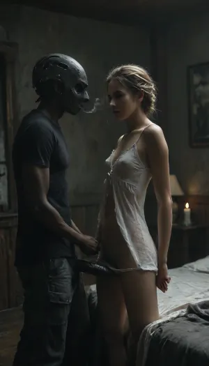 (A black skinned African burglar with crowbar wears black shirt, black cargo pants and an ice hockey mask), (Black burglar rapes a just woken up skinny sexy blonde housewife with excited face doggystyle at night in her cozy master bedroom roughly!), ((short white satin nightgown)), (((ultra flat-chested))), long erected puffy nipples, ((panties pulled down to halfway thighs)), (Surprisingly the housewife enjoys the unexpected hard sex and moans loudly on big black cock:1.6), (((looking to her husband in background:1.7))), (perfect black cock), (bodies move lustfully and quickly, hair and nightgown move through active sex), (a black crowbar lies on the bed:1.2), warm ambient light, candles, (maximum photo quality:1.4), (maximum resolution:1.5), Black, and, white, art, black, shading, charcoal, toned, brutal, dark, b/w, color, scheme, cloudy, smoke, atmospheric, clouds, fog, <lora:MJ52:.5>, <lora:Black and white art.V1:.3>, <lora:Sweaty_Realism_4-000006:1.3>, <lora:dark:.2>, <lora:Cloudy_Style:.3>