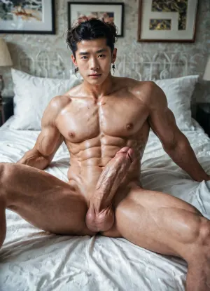 Photorealistic, ultra detailed, luxury hotel room, (fair skin chinese muscular man:1.5), naked, man lying on bed, man penis erect, man penis in full view, big long penis, extremely detailed penis, extremely detailed testicles