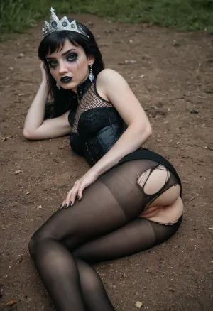 Uber realistic, 8k, ultra detailed, masterpiece, (adult model like goth Anna of Arendelle), 20yo, frozen, disney princess, anna, (princess anna lookalike), goth, (black hair), (black lipstick, smokey eye makeup), (transparent mesh top), sleeveless, ripped black pantyhose, restrained, laying on side, legs open, top down view, man anal fucking girl, outdoor, ground, anal sex, tiara, black pumps, shaved pussy, firm breasts