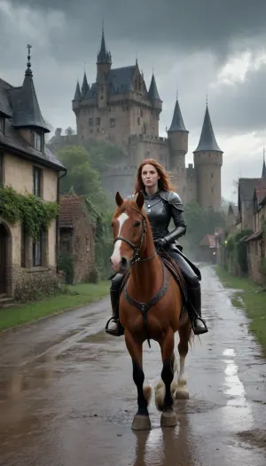 Set in medieval times. A woman is riding a horse down a village street. She is riding away from the viewer. there is a large foreboding castle in the distance. Lightning can be seen streaking across the sky. She has long messy auburn hair. She is wearing dark leather armor. The horse has a saddle and saddle bags. It is raining and there are puddles forming in the dirt. sharp scenery, lush background, ultra-detailed environment, natural textures, vibrant lighting, crisp clouds, realistic water surface, vivid skies, photo-real terrain, fantstyle, MythP0rt, raz'sscenesmith-mk.1