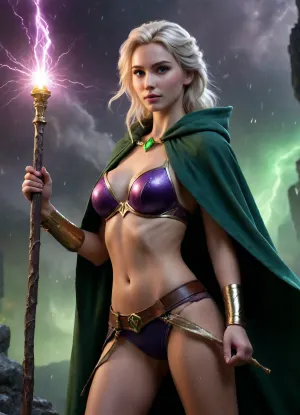 Elsa from frozen heart, Topless, (pretty face:1.8), (hood and cloak), medium breasts, covered nipples, muscular body, side view, epic fantasy, cinematic shot, dynamic lighting, (holds a black and gold staff topped with a glowing green gem), shattered cloud plateau, roaring thunderstorms and forked lightning, crumbling marble pillars raining debris, burning orange and violet storm glow, cinematic wide-angle, epic scale