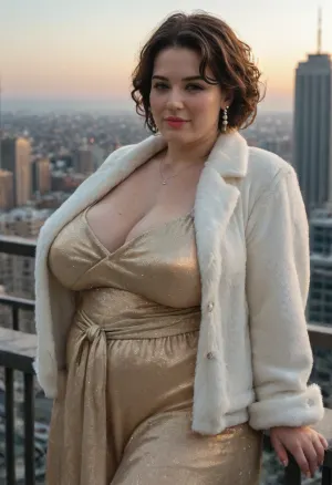 hyper busty, hyper buxom, hyper mega macromastia, protruding massive bosoms, SSBBW obese granny in a flowing luxurious silk ballgown with shimmering details, draped in a lavish fur jacket. soft curls frame her mature face, adorned with pearls and vintage earrings. golden age cinema style, nighttime cityscape, glowing clock tower balcony under the stars. she leans against the balcony railing, city lights glimmering below, dramatic moonlight highlights her immense figure, cinematic noir elegance.