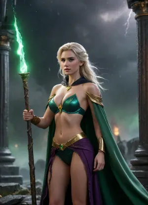 Elsa from frozen heart, Topless, (pretty face:1.8), (hood and cloak), medium breasts, covered nipples, muscular body, side view, epic fantasy, cinematic shot, dynamic lighting, (holds a black and gold staff topped with a glowing green gem), shattered cloud plateau, roaring thunderstorms and forked lightning, crumbling marble pillars raining debris, burning orange and violet storm glow, cinematic wide-angle, epic scale