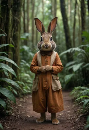 photo d'un lapin brun habillé avec le tenue d'iniana jones, il court, dans la jungle, poursuivi par des indiens d'Amazonie