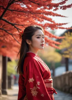 a girl in a red kimono