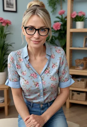 Stunning sensual 48 year old French milf, face with small wrinkle, sky blue eyes with square black glasses, perfect smiling face, short blond hair tied in a high and short ponytail, slim waist, 3/4 jeans, pretty summer dress with floral pattern, squatting in a nursery class, ultra realistic, very detailed, prompt respect, <lora:add-detail-xl:.8>, <lora:detailed_notrigger:.8>